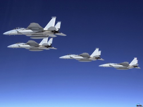 Three F-15C and one F-15D aircraft from the 44th (blue tail) and 67th (red tail) Fighter Squadrons, 