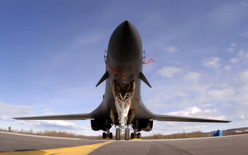 A B-1B Lancer from Ellsworth Air Force Base, S.D., sits on the flightline at Eielson Air Force Base,