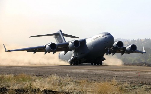 A C-17 Globemaster III takes off during Phase 1 tests at Fort Hunter Liggett, Calif. Tests are being