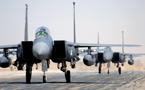 F-15E Strike Eagles taxi in at Joint Base Balad, Iraq, after an Operation Iraqi Freedom mission. The