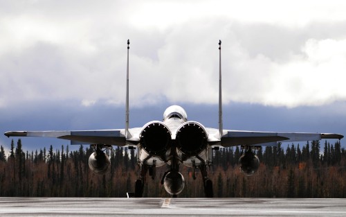 An F-15 Eagle from the Japan Air Self-Defense Force sits on the runway during Red Flag-Alaska 10-1 O