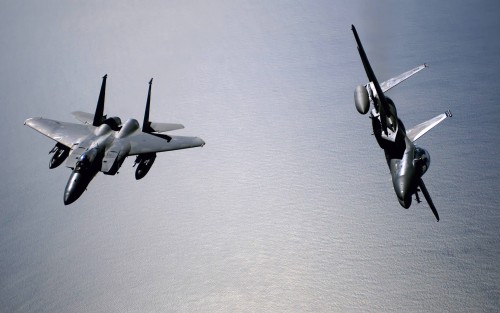 OVER THE ATLANTIC OCEAN -- Two F-15D Eagles from  Langley Air Force Base, Va., fly in formation here