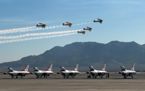 World War I era aircraft perform a fly-by during the Aviation Nation air show on Nellis Air Force Ba