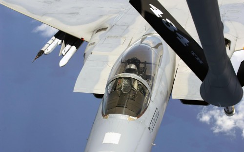 An F-15 Eagle is refueled by a KC-135 Stratotanker from the 434th Air Refueling Wing during training