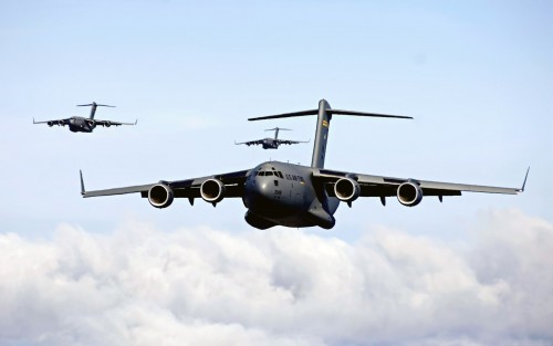 C-17 Globemaster IIIs provide intra-theater heavy airlift support, helping to sustain operations thr