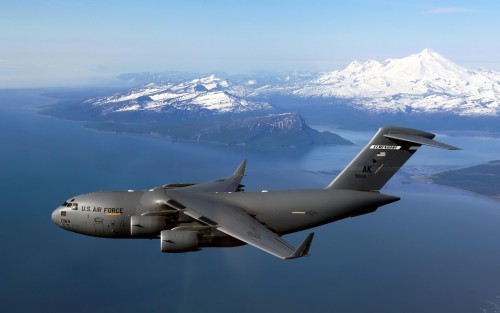 The "Spirit of Denali" flies over the Alaska Range June 11 en route to Elmendorf Air Force Base, Ala