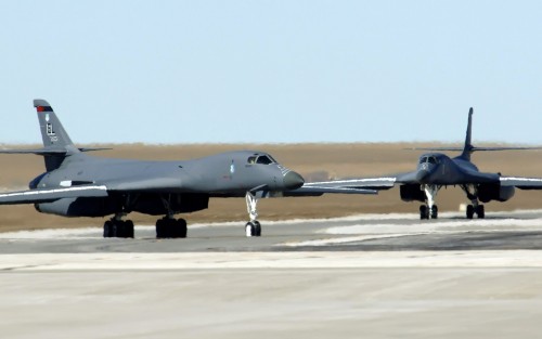 B-1B Lancers from the 34th Bomb Squadron taxi out to the Ellsworth Air Force Base, S.D., runway Marc