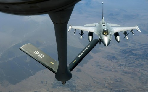 An F-16 Fighting Falcon approaches the boom on a KC-135 Stratotanker to refuel Oct. 11 during Red Fl