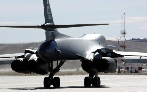 A B-1B Lancer from the 34th Bomb Squadron taxis out to the Ellsworth Air Force Base, S.D., runway Ma