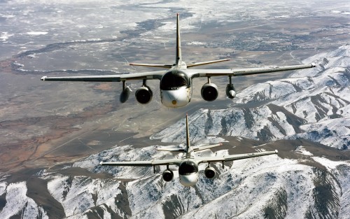 Two S-3B Vikings from the Sea Control Squadron 38 (VS-38), Red Griffins, in vertical echelon.  The f