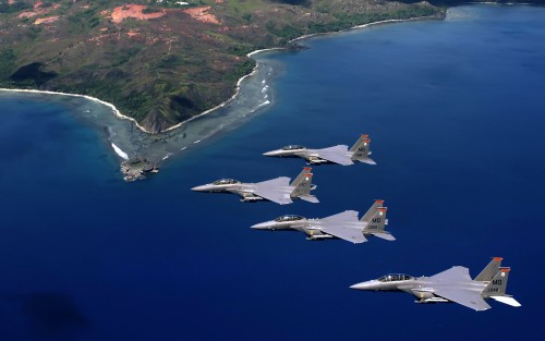 OVER GUAM-- Four F-15E Strike Eagles deployed from the 391st Expeditionary Fighter Squadron, Mountai